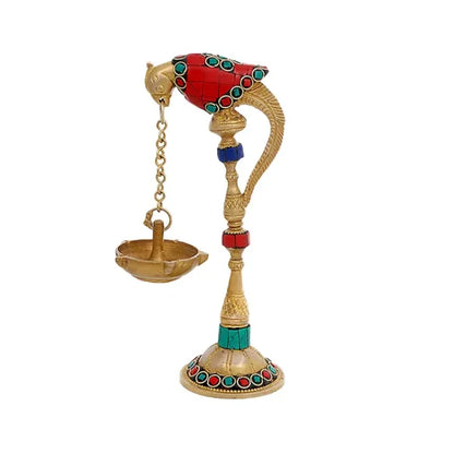 Stone work Brass Parrot Lamp with Hanging Diya