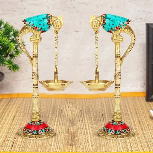 Stone work Brass Parrot Lamp with Hanging Diya