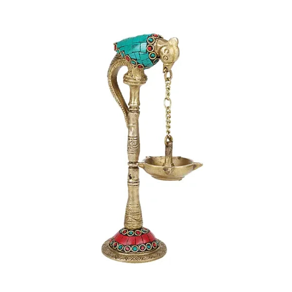 Stone work Brass Parrot Lamp with Hanging Diya