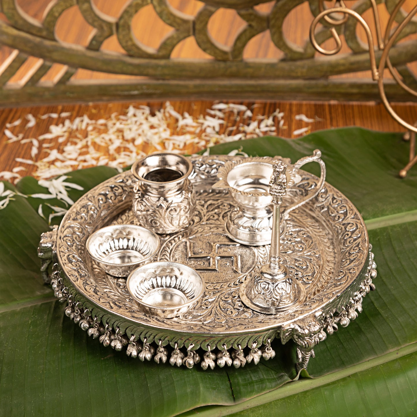 Intricately Designed Silver Pooja Thali Set with Elephant Trunk Shaped Stand