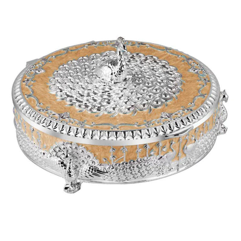 Premium German Silver Round 4 Partition Dry Fruit Box with Hinged Lid | Peacock Design Dry Fruit Serving Box for Gifts & Home Decor