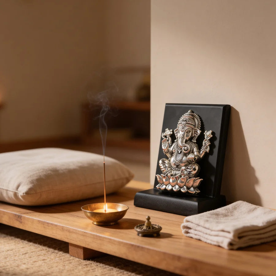 999 Pure Silver Lord Ganesha Idol on Wooden Base for Home & Office
