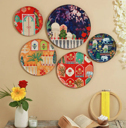 Multicolor Vintage India Hand-painted Wall Plates - Set of 5