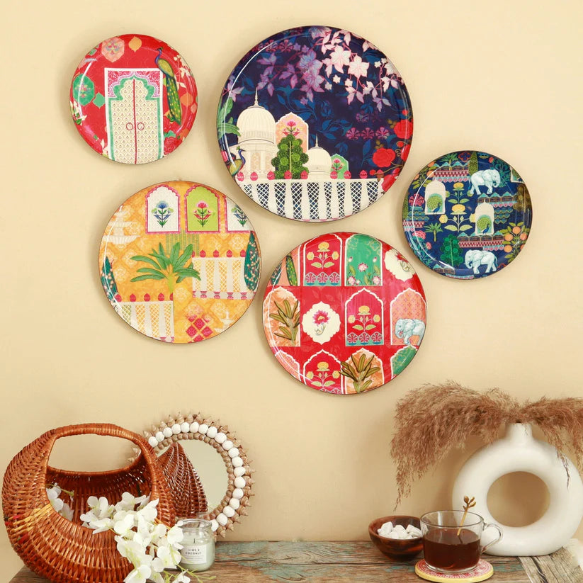 Multicolor Vintage India Hand-painted Wall Plates - Set of 5