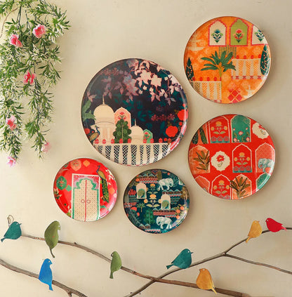 Multicolor Vintage India Hand-painted Wall Plates - Set of 5