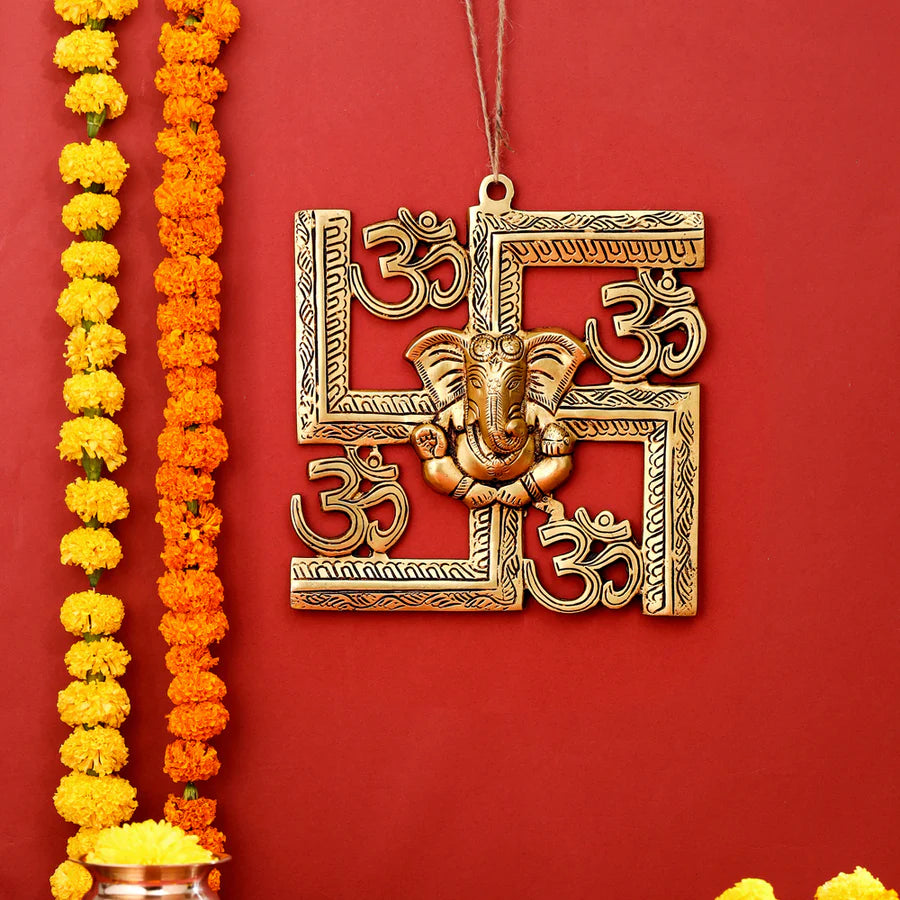 BRASS GANESHA ON SWASTIK WITH OM WALL HANGING (8.5 INCH)