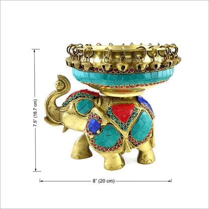 Gemstone Work Brass Ethnic Design Urli Over Brass Elephant Statue