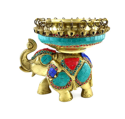 Gemstone Work Brass Ethnic Design Urli Over Brass Elephant Statue