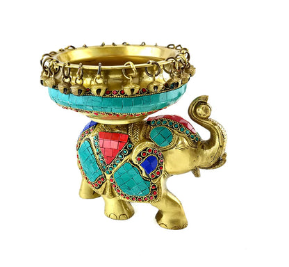 Gemstone Work Brass Ethnic Design Urli Over Brass Elephant Statue