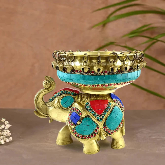 Gemstone Work Brass Ethnic Design Urli Over Brass Elephant Statue