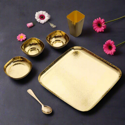 Brass Hammered Square Thali Set
