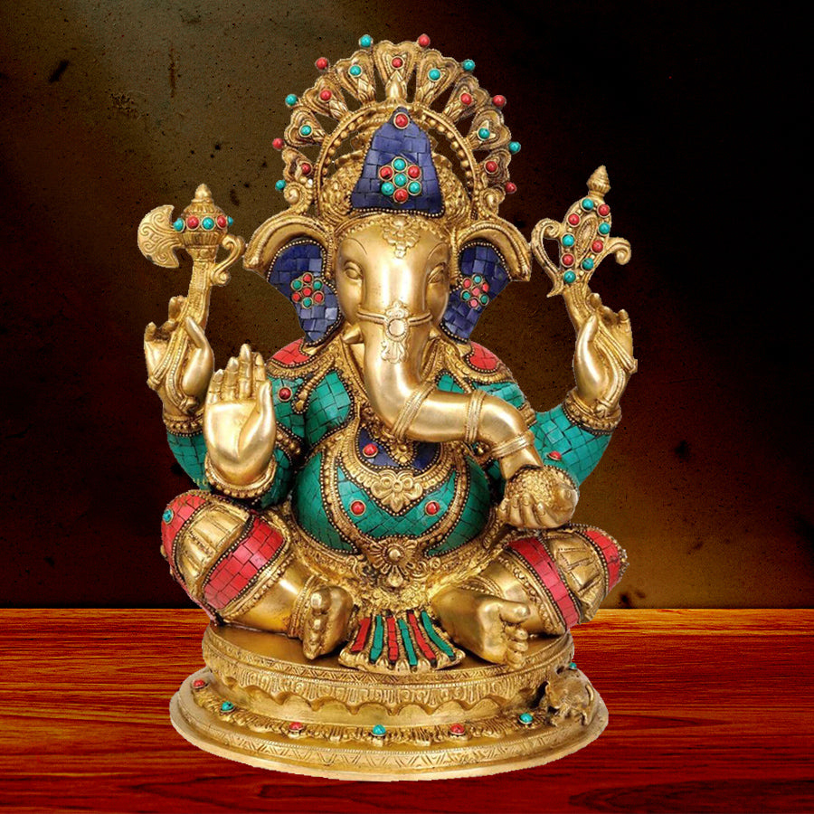 Indian Handemade Brass Statue Lord Shri Ganesha With Base 20″