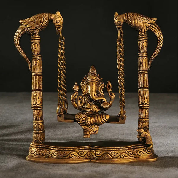 8" Brass Ganesh Swing Statue | Parrot & Mouse Columns | Home Decor | Gold - JAIN ART VILLA
