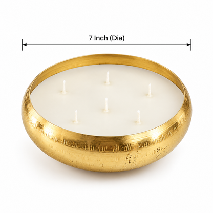 Handcrafted Brass Urli Candle | 5-Wick Ivory Wax Bowl Candle for Festive Decor & Gifting
