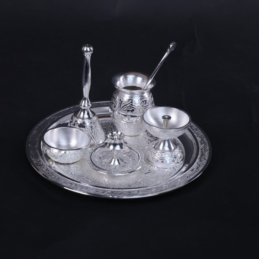 Silver Pooja Thali with a Velvet Box