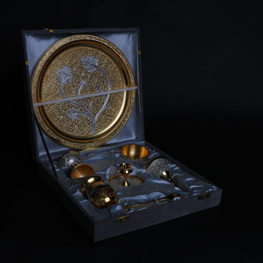 Gold Coloured Silver Pooja Thali Set