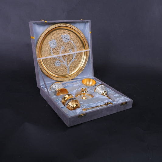 Gold Coloured Silver Pooja Thali Set