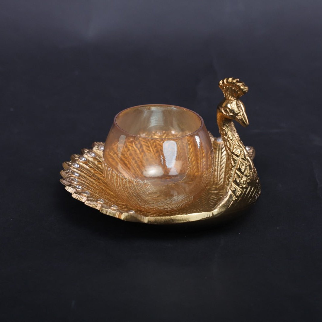 Golden Plated Silver Peacock Shaped T-Light Diya Holder