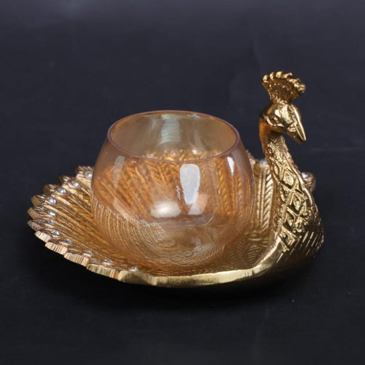 Golden Plated Silver Peacock Shaped T-Light Diya Holder