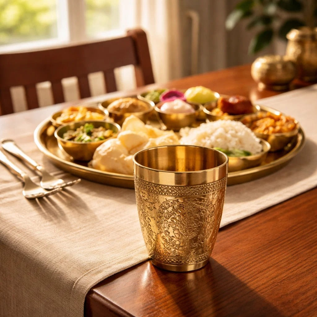 Pure Brass Embossed Drinking Glass – Traditional Handcrafted Brass Tumbler Heirloom Brass Tumblers | Beverage Glass