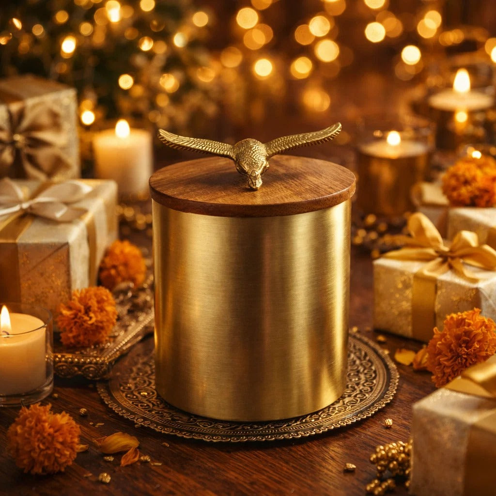 Jain Art Villa Golden Eagle Airtight Brass Storage Jar (Large)