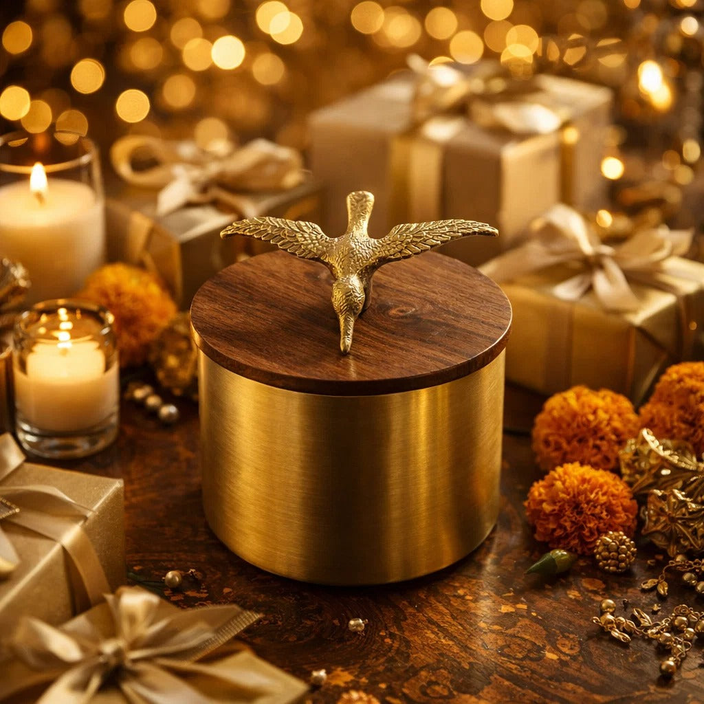 Jain Art Villa Golden Eagle Airtight Brass Storage Jar (Small)