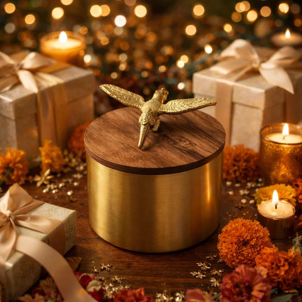 Jain Art Villa Golden Eagle Airtight Brass Storage Jar (Small)