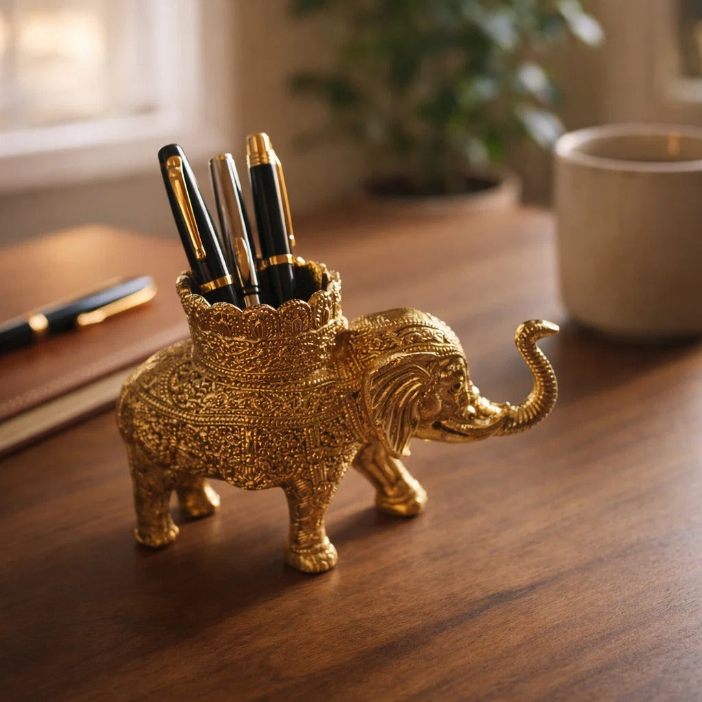 Brass Elephant Pen Holder for Desk – Decorative Golden Office Organizer
