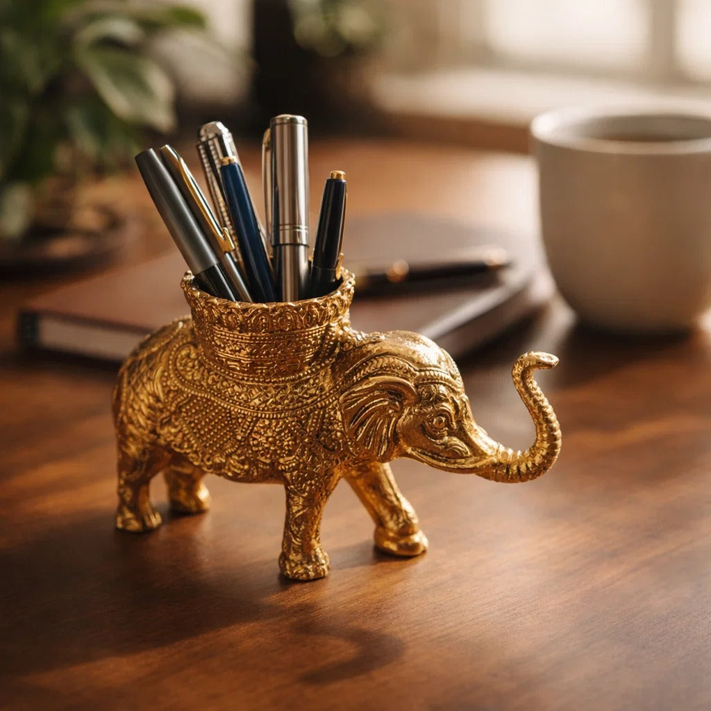 Brass Elephant Pen Holder for Desk – Decorative Golden Office Organizer - JAIN ART VILLA