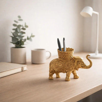 Brass Elephant Pen Holder for Desk – Decorative Golden Office Organizer