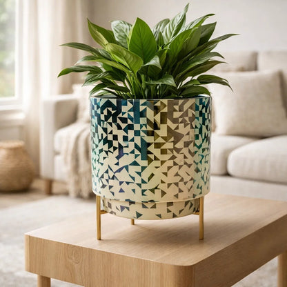 JainArtVilla FloralGeometric Mosaic Metal Planter with Gold Stand | Decorative Indoor Plant Pot for Home & Office