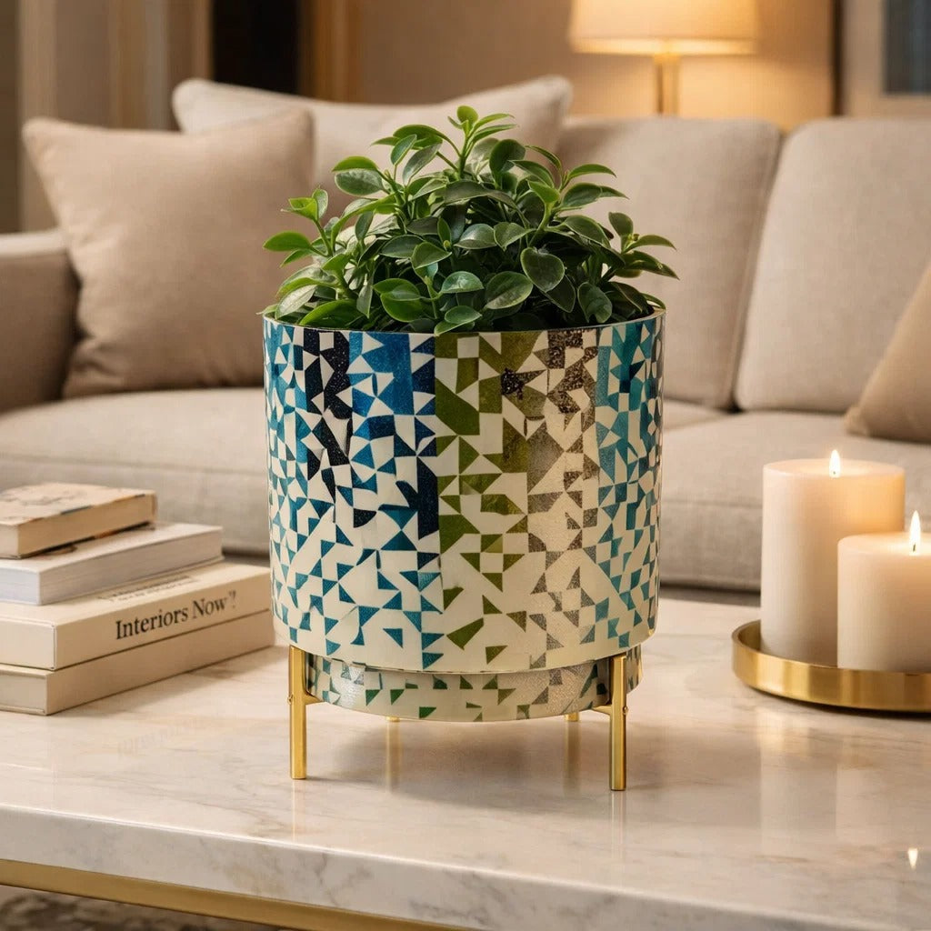 JainArtVilla FloralGeometric Mosaic Metal Planter with Gold Stand | Decorative Indoor Plant Pot for Home & Office