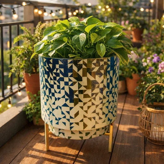 JainArtVilla FloralGeometric Mosaic Metal Planter with Gold Stand | Decorative Indoor Plant Pot for Home & Office
