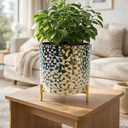 JainArtVilla FloralGeometric Mosaic Metal Planter with Gold Stand | Decorative Indoor Plant Pot for Home & Office