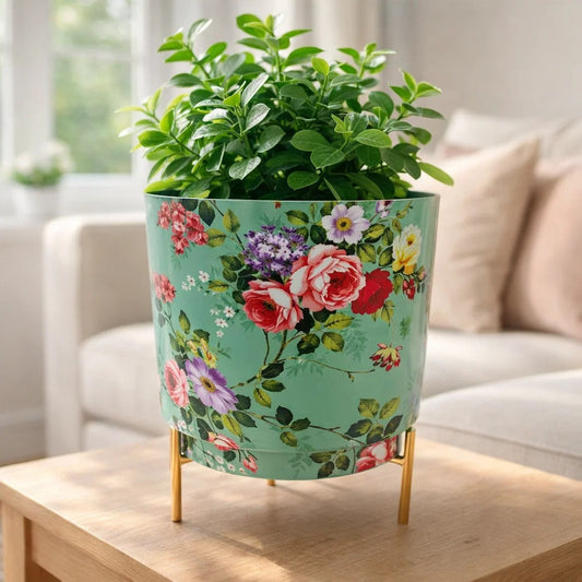 JainArtVilla Floral Printed Metal Planter with Gold Stand – Decorative Indoor Plant Pot for Home & Living Room Decor |