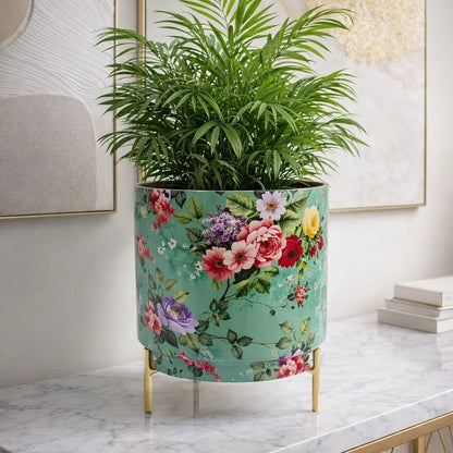 JainArtVilla Floral Printed Metal Planter with Gold Stand – Decorative Indoor Plant Pot for Home & Living Room Decor |