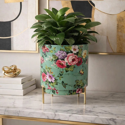 JainArtVilla Floral Printed Metal Planter with Gold Stand – Decorative Indoor Plant Pot for Home & Living Room Decor |