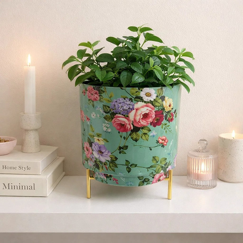 JainArtVilla Floral Printed Metal Planter with Gold Stand – Decorative Indoor Plant Pot for Home & Living Room Decor |