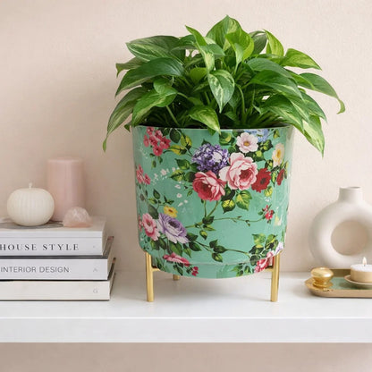 JainArtVilla Floral Printed Metal Planter with Gold Stand – Decorative Indoor Plant Pot for Home & Living Room Decor |
