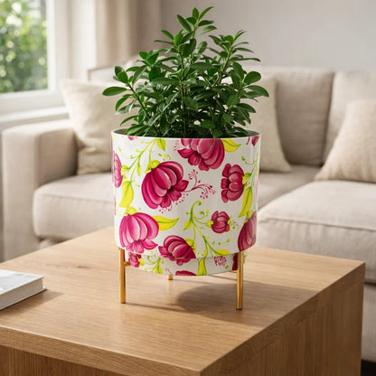 JainArtVilla Floral Printed Metal Planter with Gold Stand – Decorative Indoor Plant Pot for Home Decor |