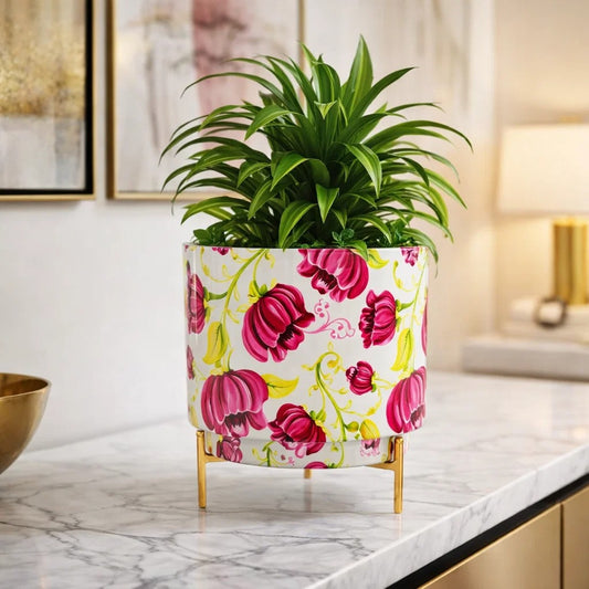 JainArtVilla Floral Printed Metal Planter with Gold Stand – Decorative Indoor Plant Pot for Home Decor |