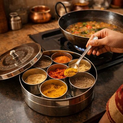 Jain Art Villa Premium Stainless Steel Masala Box with 7 Spice Containers & Spoon | Engraved Lid Indian Masala Dabba