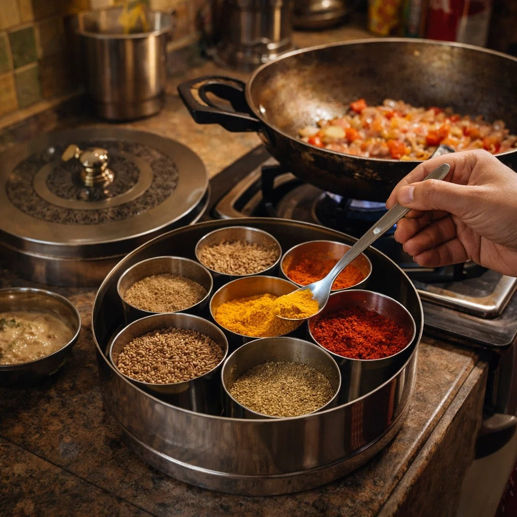 Jain Art Villa Premium Stainless Steel Masala Box with 7 Spice Containers & Spoon | Engraved Lid Indian Masala Dabba