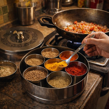 Jain Art Villa Premium Stainless Steel Masala Box with 7 Spice Containers & Spoon | Engraved Lid Indian Masala Dabba