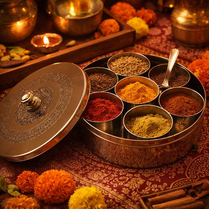 Jain Art Villa Premium Stainless Steel Masala Box with 7 Spice Containers & Spoon | Engraved Lid Indian Masala Dabba