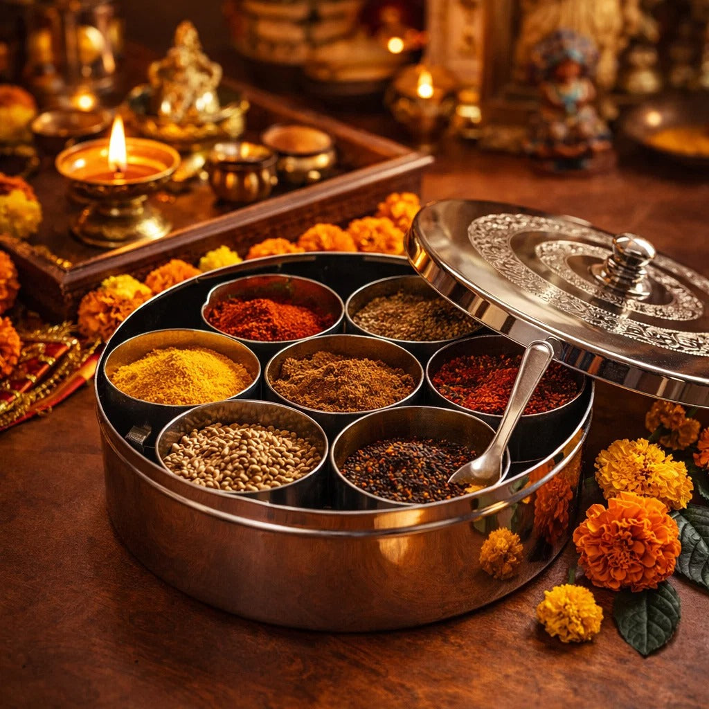 Jain Art Villa Premium Stainless Steel Masala Box with 7 Spice Containers & Spoon | Engraved Lid Indian Masala Dabba