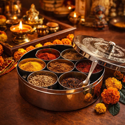 Jain Art Villa Premium Stainless Steel Masala Box with 7 Spice Containers & Spoon | Engraved Lid Indian Masala Dabba