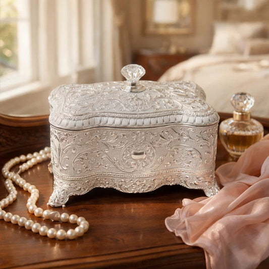 Jain Art Villa Antique Style German Silver Jewellery Box | Engraved Trinket Storage Box with Lid for Home Décor - JAIN ART VILLA