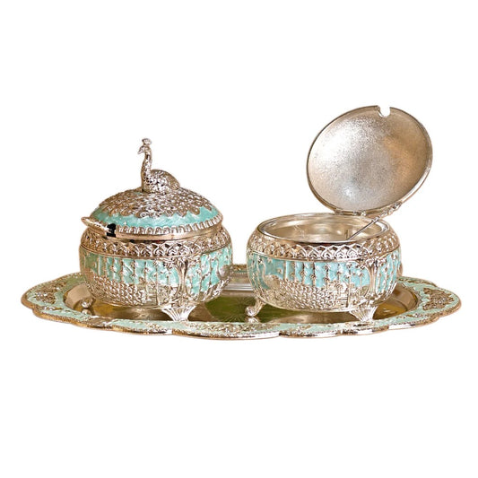 Jain Art Villa German Silver Dry Fruit Serving Set with Tray – Peacock Design Decorative Bowls with Lid & Spoon