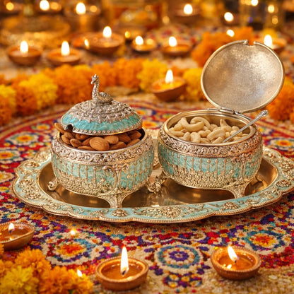 Jain Art Villa German Silver Dry Fruit Serving Set with Tray – Peacock Design Decorative Bowls with Lid & Spoon